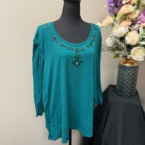New Direction Woman 1X Teal Embellished Jewel Neckline Long Sleeve Holiday Top